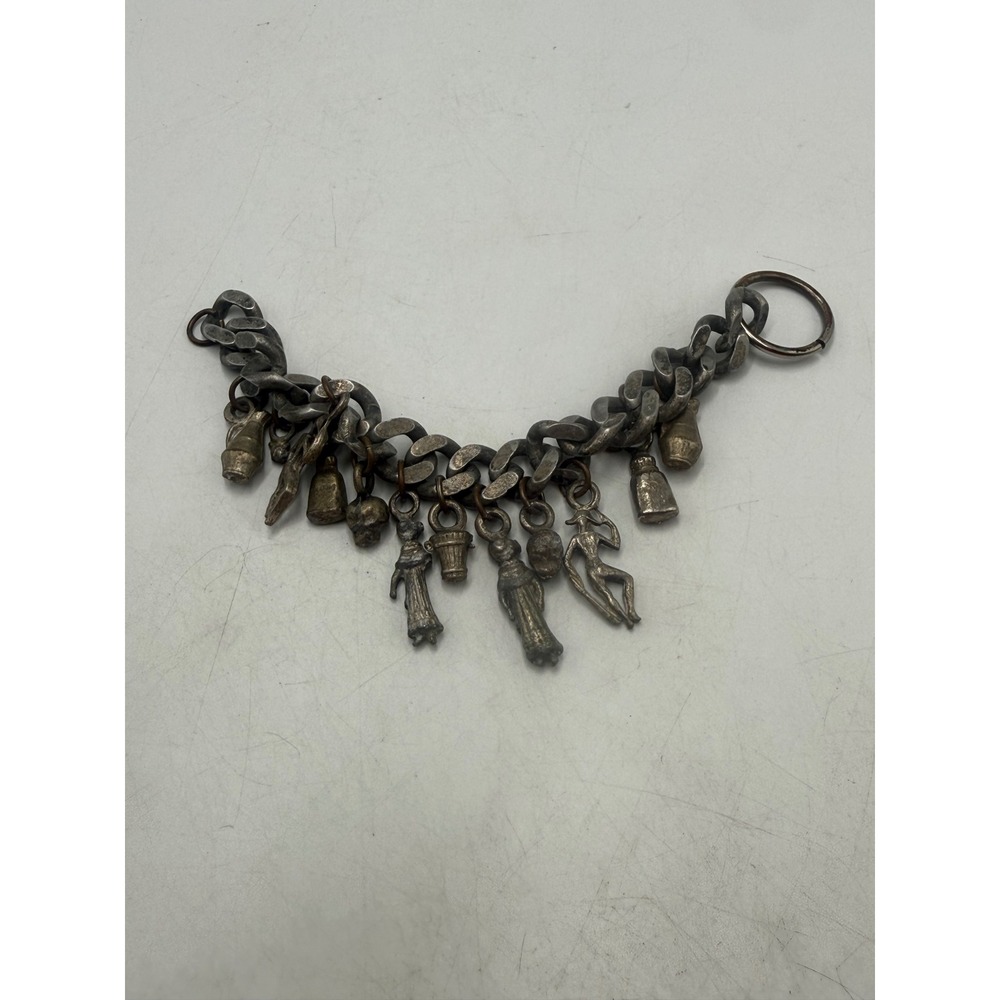 Vintage Heavy Curb Chain Charm Bracelet Skulls Figures Bells Folk Art Curio
